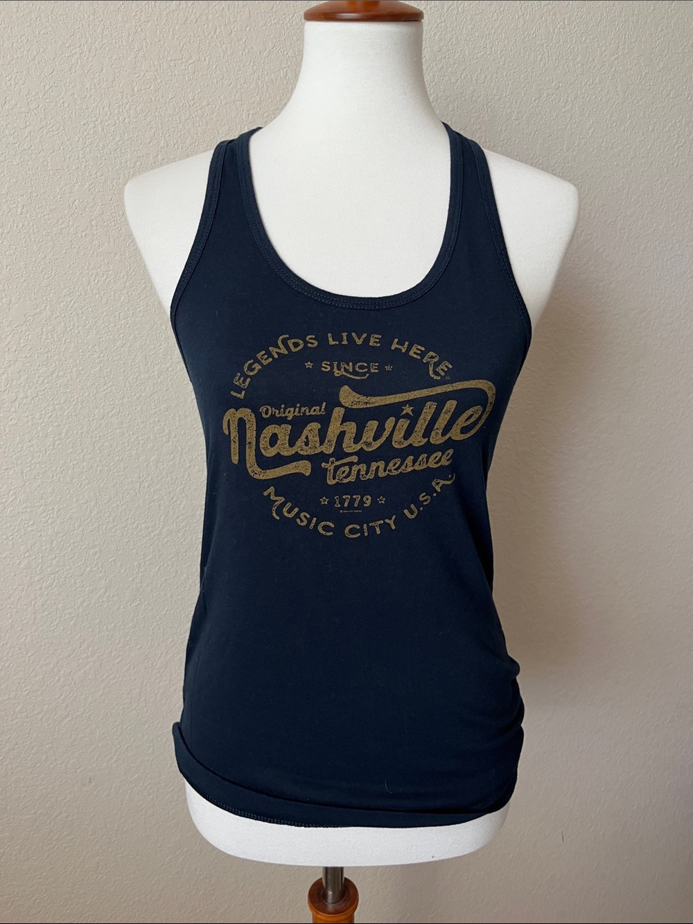 Music City Navy Racerback Tank with Gold Nashville Graphic